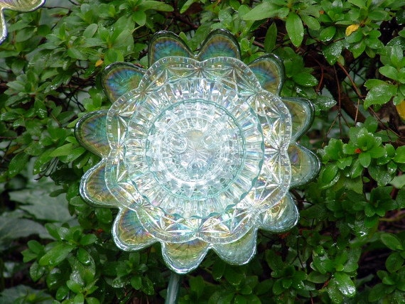 Garden art.  Glass flower.  Glass flower suncatcher.  Candle holder.  Hospitality gift.  Green flower is made with repurposed glass.