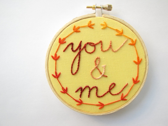 Embroidery Hoop Wall Art - You and Me with fall maple leaf garland - golden yellow and pumpkin orange