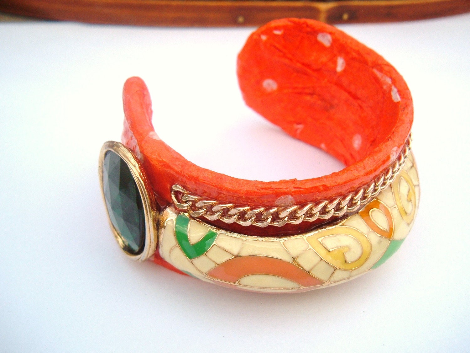 A Polkadot Orange Decoupage Cuff Bracelet vintage recycle