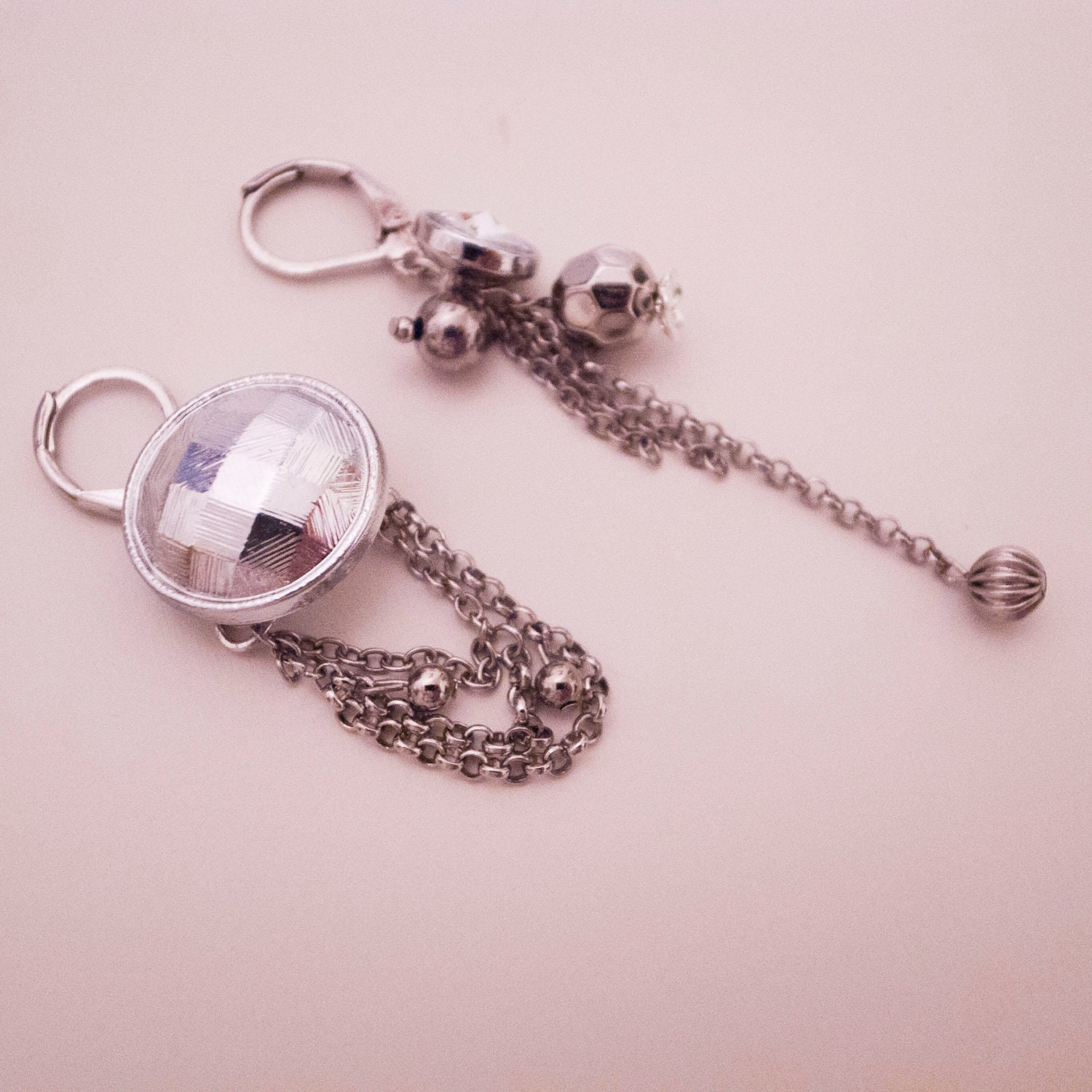 Classic Silver Check & Sparkling Long Dangle Button Earrings - Custom Order Available