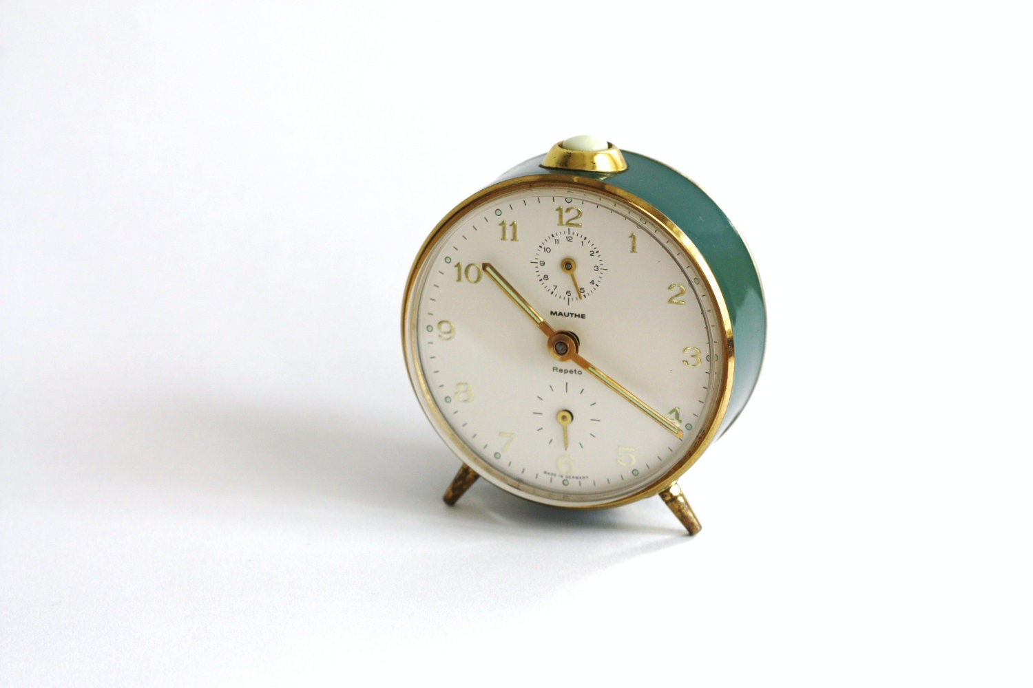 Vintage Alarm Clock / Dark Green & Gold Alarm Clock / German Alarm Clock