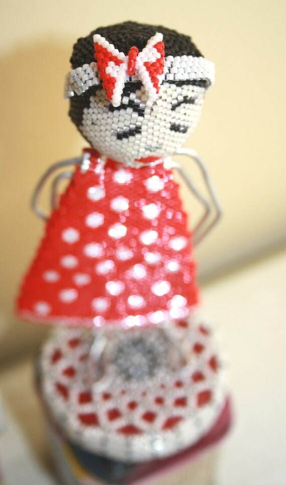 Ana - a girl in a red dress with white dots - OOAK home decor vintage-style art doll. Red and white. beadwork. Retro.