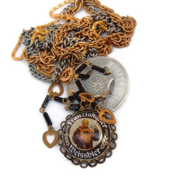 Good Luck Friar Tuck Recycled vintage and beer cap necklace Cheers