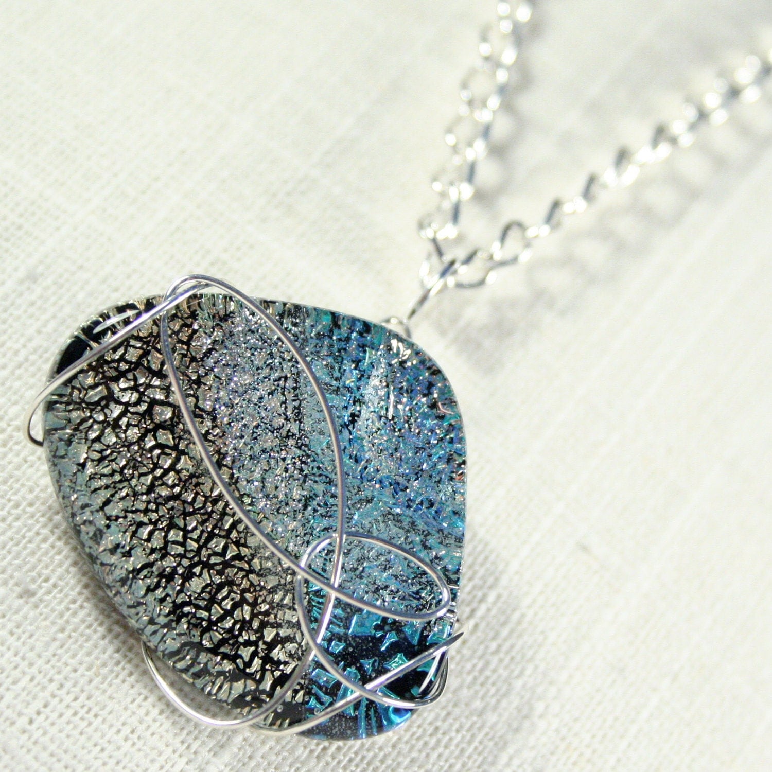 Necklace: Glass and wire, ocean inspired, dichroic glass necklace, wire-wrapped necklace
