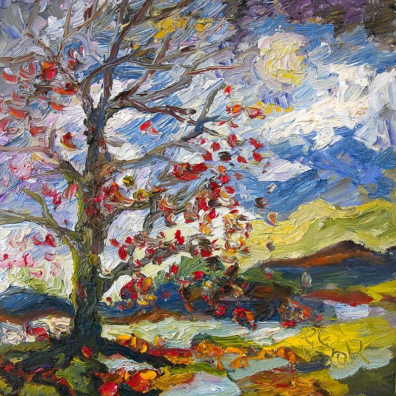Impressionist Red Leaves falling Autumn Tree 12 by 12  Original Oil Painting Palette Knife by Ginette