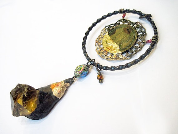 Queen of Heaven. Cosmic Gold Leaf Rustic  Soldered Stone Raw Citrine Queen Coin Pendant.