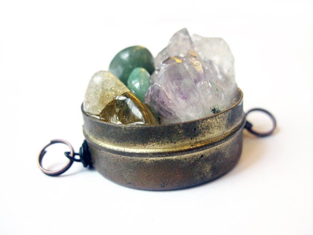 Specimen. Amethyst Citrine and Jade Assemblage Pendant. Vintage Recycled Found Object Gemstone and Resin.