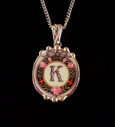 Broken China Jewelry oval pendant antique china K initial monogrammed roses Made from a broken plate
