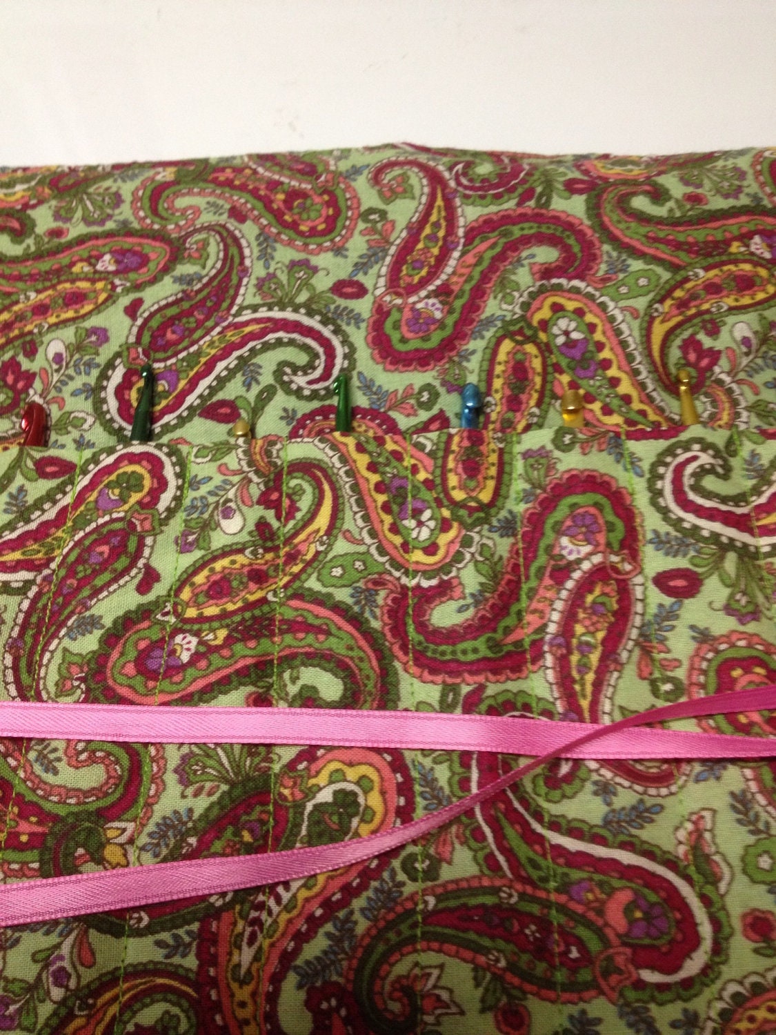 Crochet Hook Case Organizer Holder  Holds 12 Needle Olive Green Pink Paisley Print Light Weight  Keeps all your needles together