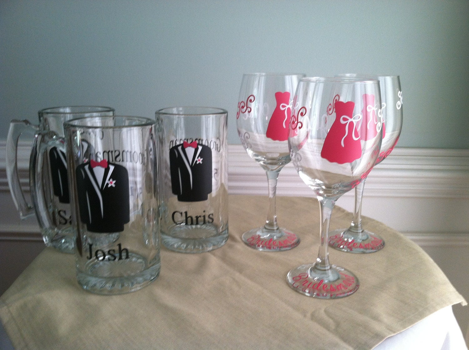 Set of 6 Personalized Groomsman Beer Mugs and 6  Bridesmaid Glasses