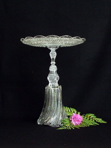 Wedding cake plate stand.  Plant stand. Assembled glass pedestal stand "The Kate" is made with repurposed glass.  Upcycled.  Recycled.