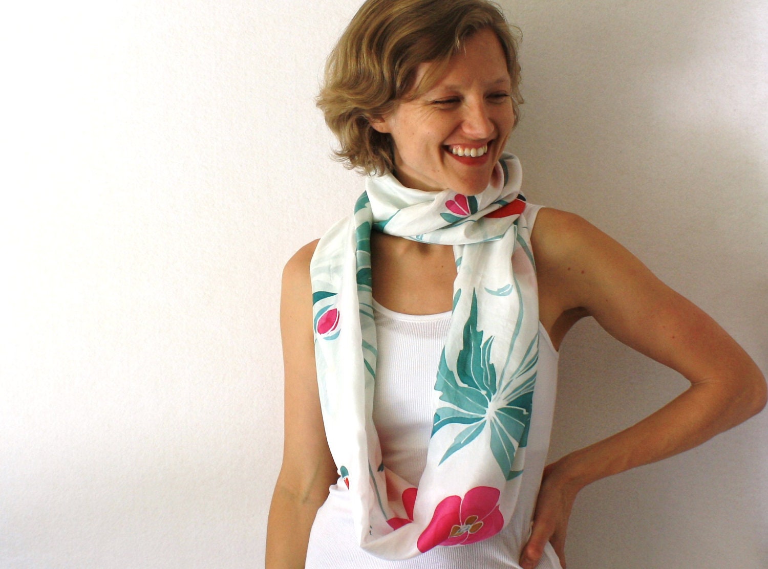 White Silk Scarf - Poppies - Hand Painted Silk Scarf - Pink and Red Circle Scarf - Infinity Scarf - White Loop Scarf