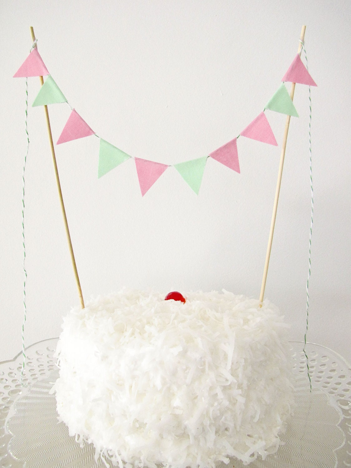 Fabric Cake Bunting Decoration - Cake Topper - Wedding, Birthday Party, Shower Decor in pink and mint