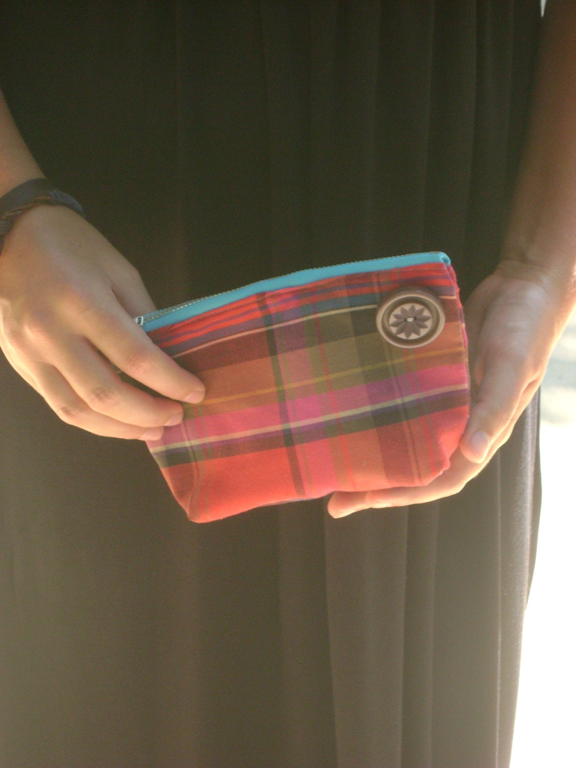 Red, Yellow, and Navy Make Up/Jewelry Pouch with Teal Zipper