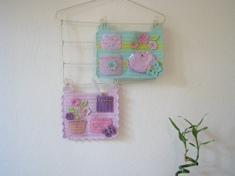 Organizer in lilac, pink, lavender, peach and purple with flowers and butterfly - unique christmas gift -room decor for girls