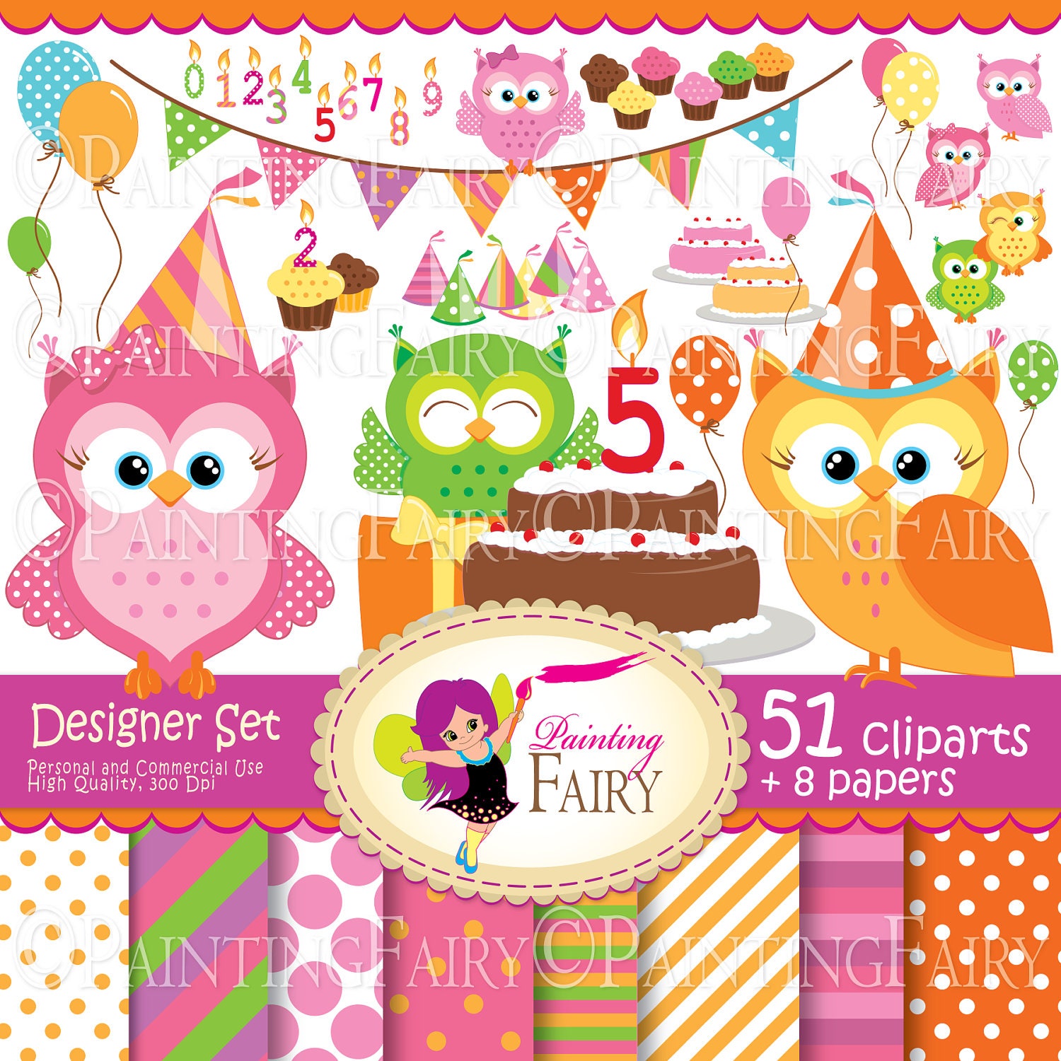 Big Collection Birthday owls Digital clipart set Cute owl clip art Girl Boy fun bunting cupcake cake hat Party digital elements pf00036-1