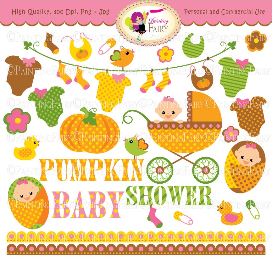 Autumn Baby Girl Clipart Cute pumpkin Baby clothes line socks Baby Shower Fall baby carriage flowers birds socks Cliparts elements pf00047-1