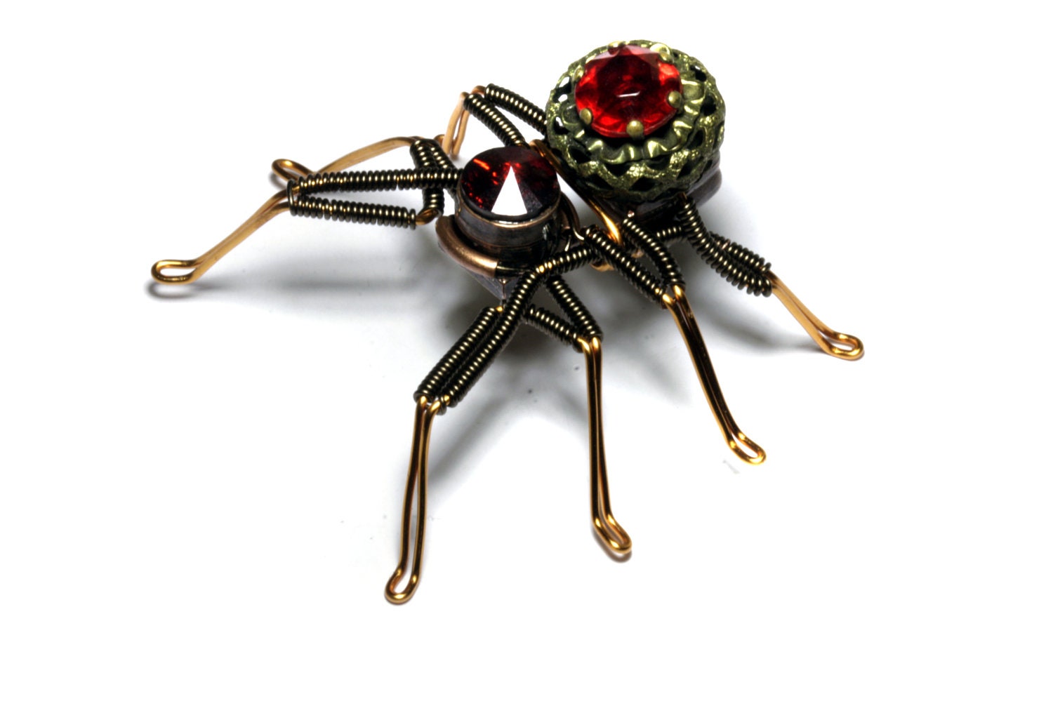 Steampunk Spider Lapel pin Sculpture with Ornate Antique Filigree Brass Jewel button with Ruby Red Stone Circa 1900