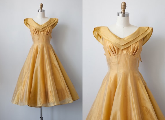 vintage 1950s dress / vintage 50s golden yellow party dress / 1950s party dress