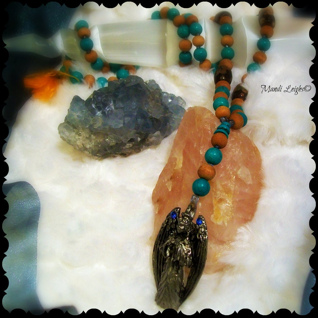 Guardian Angel Turquoise and Sandalwood Rosary Prayer Necklace