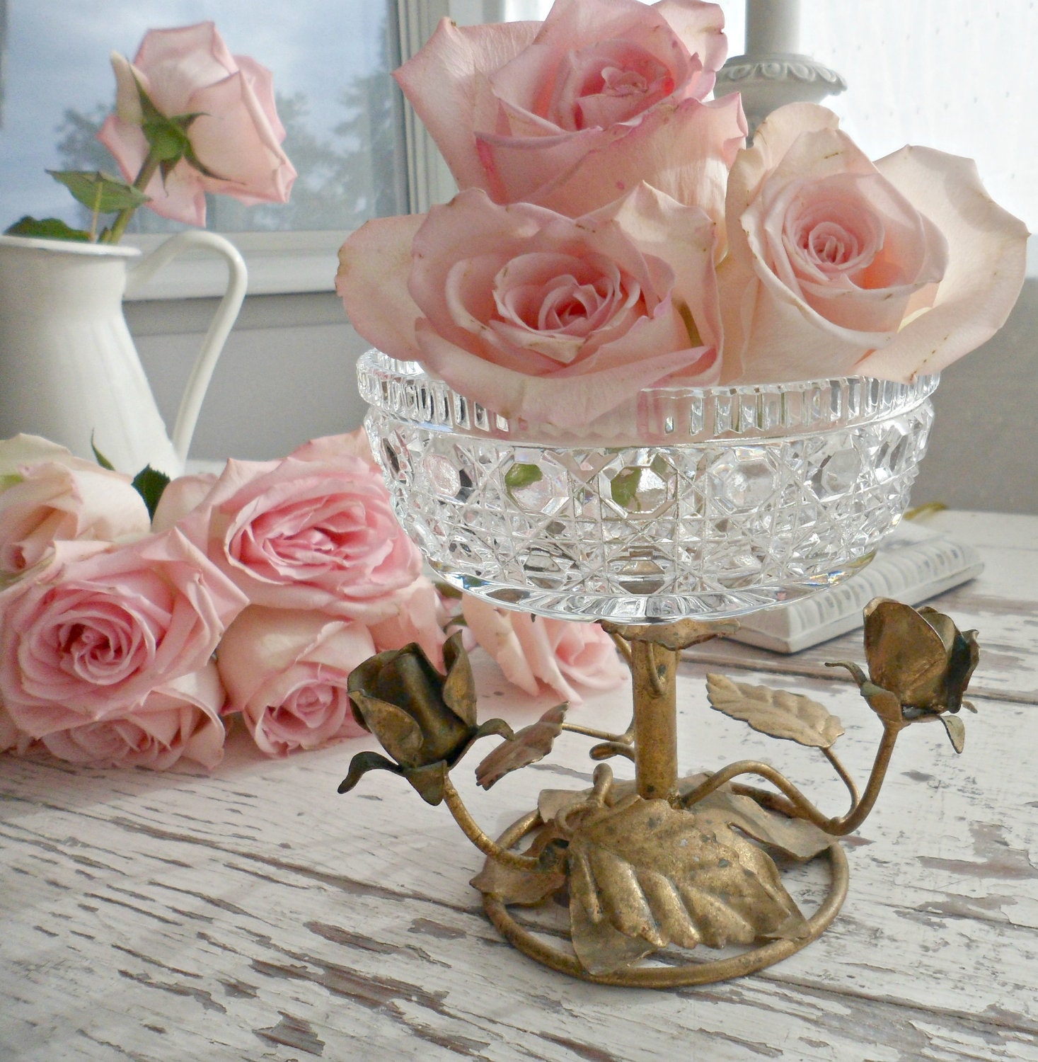 Beautiful Vintage Italian Tole Roses Compote Pedestal
