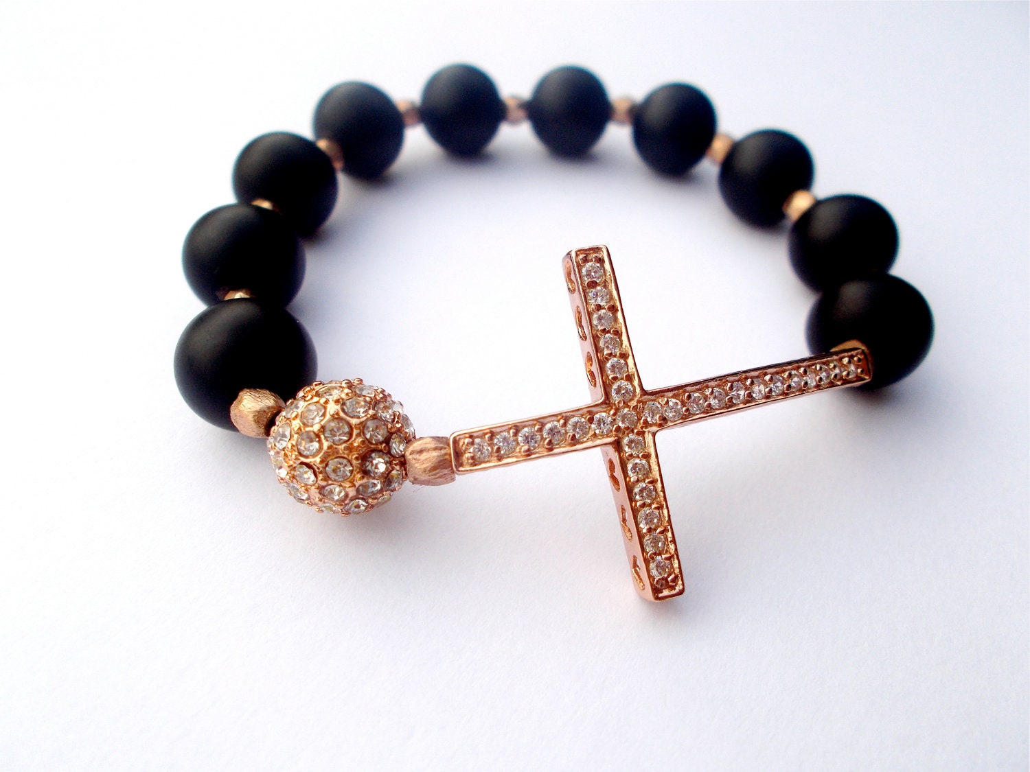 Cross Bracelet ,Statement Jewelry, Rose Gold, Sideways cross, black onyx- Gift for her, Faith gift