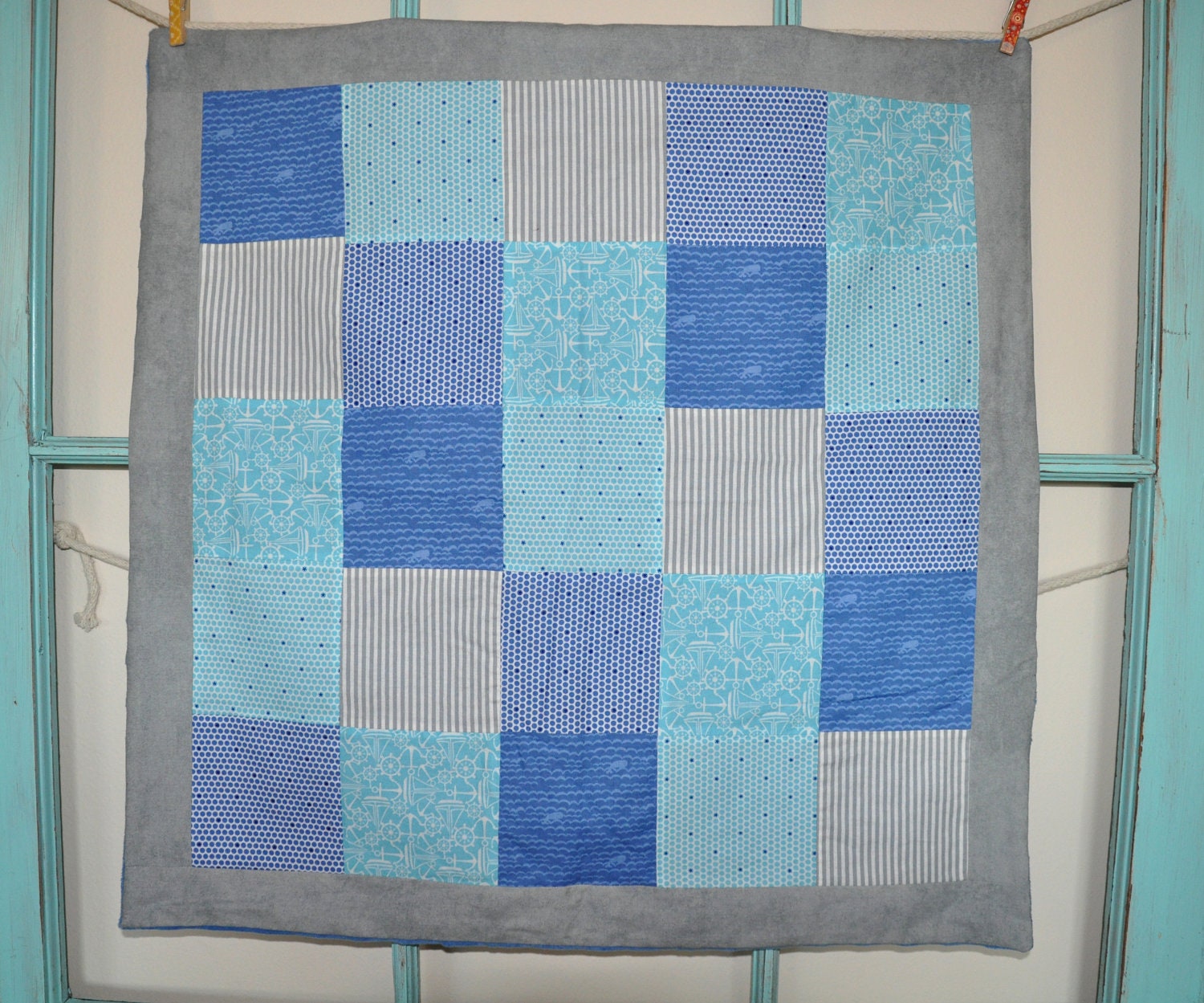 Car Seat Quilt - 28" x 28" - Nautical Blue and Grey