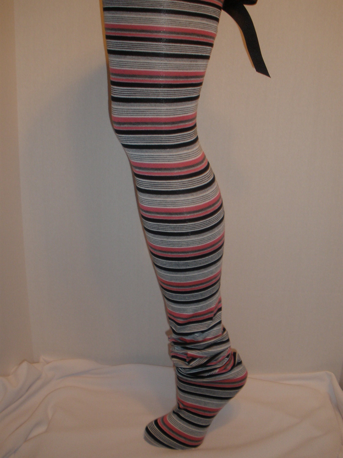 Womens, Girls, Long Cute Striped Stocking Socks, Thigh Highs, Leg Warmers, with Cute Bow on the Back