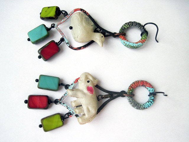 Brave Absurdity. Bright Colorful celluloid toy animal duck elephant czech glass earrings. red green blue white.