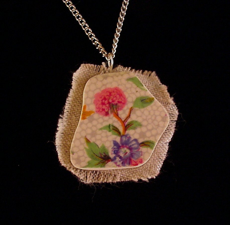Broken china jewelry shard and linen pendant necklace antique Winton Old Cottage chintz