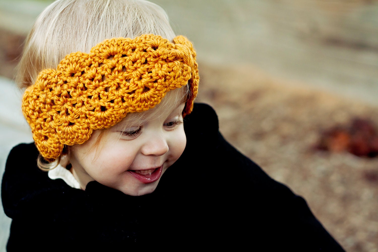 Lacy scalloped crochet turban headband and ear warmer in mustard yellow gold