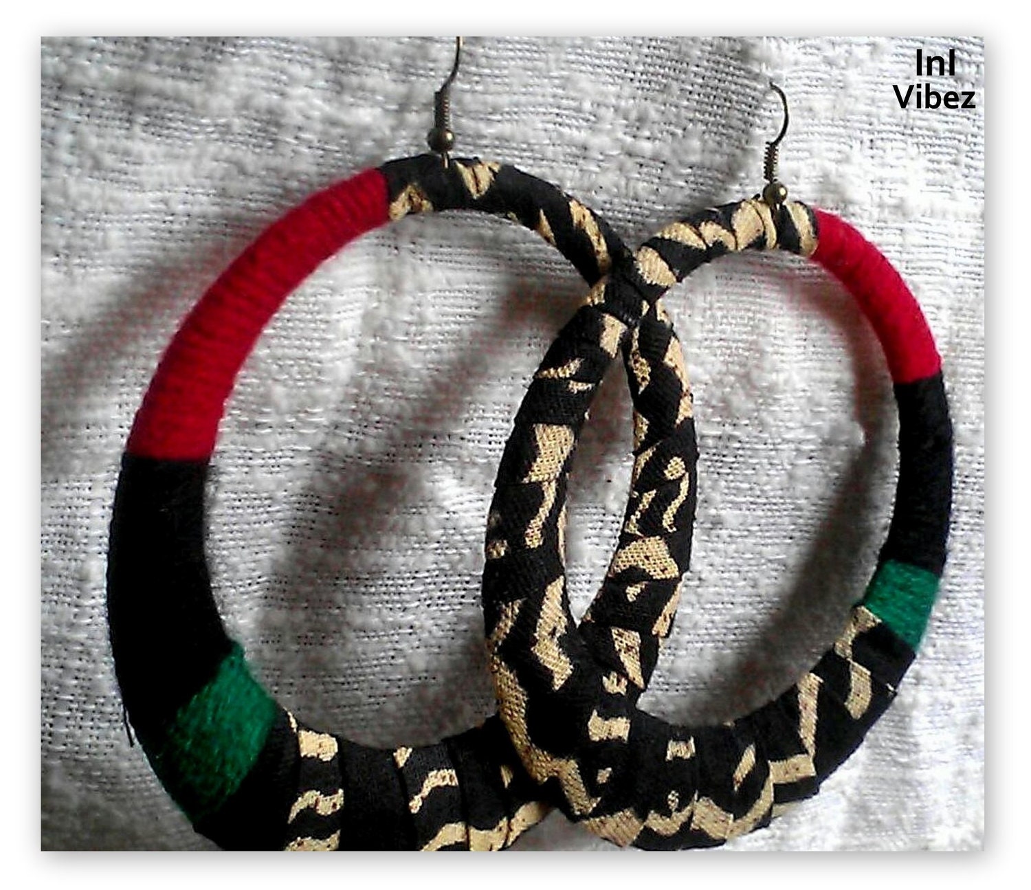 Large Lightweight African Mud Cloth Print Hoops w/ Red, Black and GreenYarn Accents