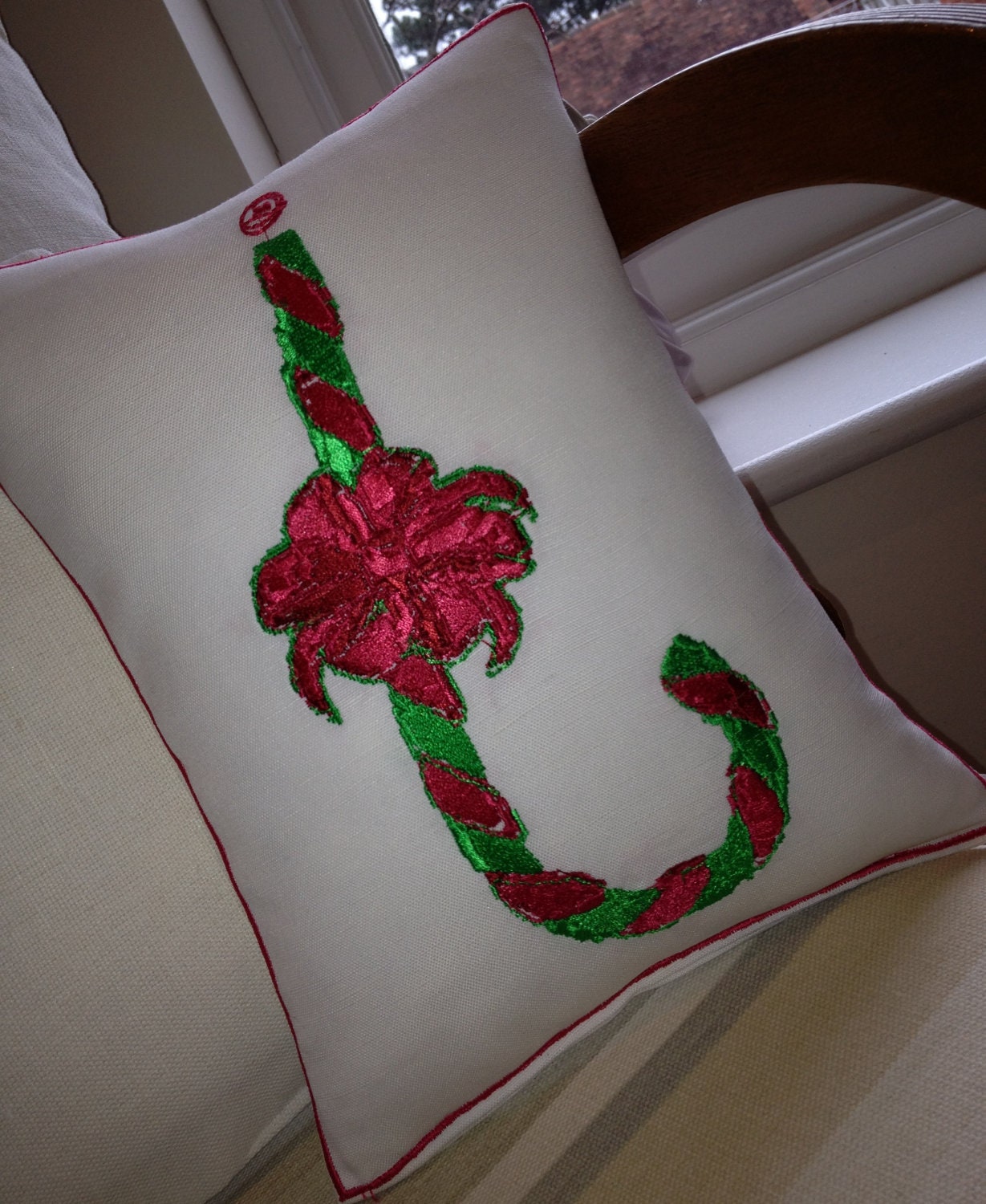 Candy Cane, Artistic Embroidery - Throw Cushion