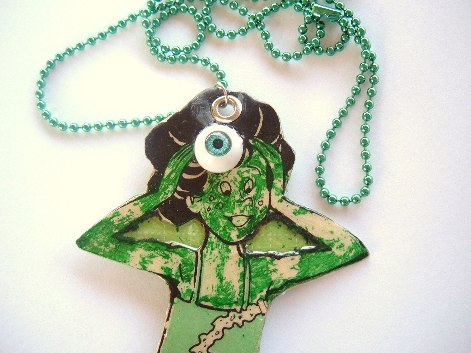 The Green Kook Oy Vey Kitschy decoupage paper pendant necklace