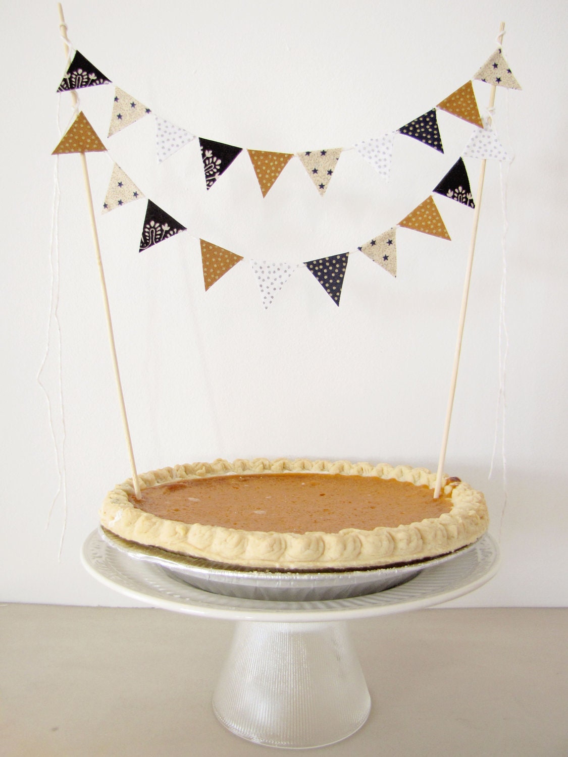 Fabric Cake Bunting Decoration - Cake Topper - Wedding, Birthday Party, Shower - in "New Years Eve" black, gold, white, stars, silver dots
