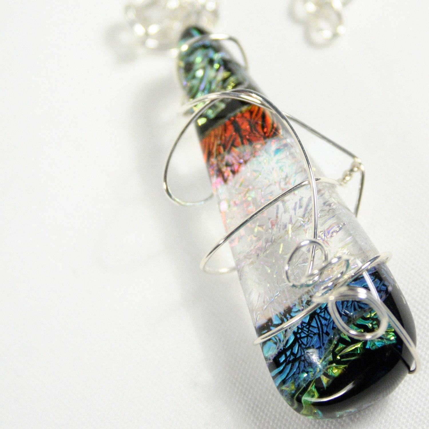 Necklace: Dichroic glass necklace, blue necklace, wire-wrapped glass necklace