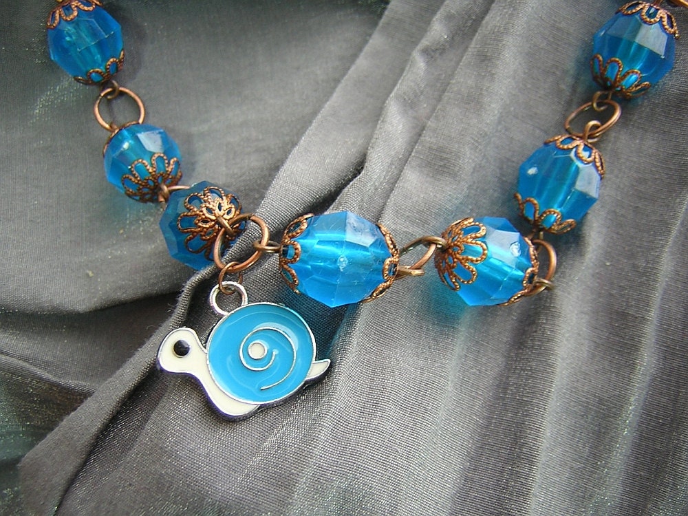 Turquoise Blue and Copper Large Bead Necklace with Turquoise Blue and White Snail Charm Handmade by Rewondered