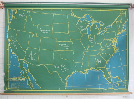 Vintage Two-Sided Chalkboard School Map - United States & World Pull Down/Classroom Map