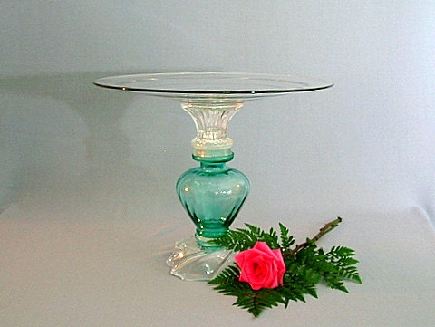 Pedestal cake stand. Wedding cake stand.  Wedding cake plate.  "The Aurora" is made with repurposed vintage glass.  Upcycled.  Food server.