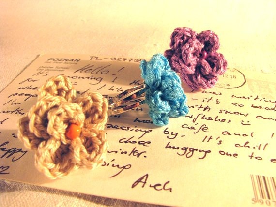 Crocheted pink, purple, turquoise, beige, red, colorful pastel flower rings, elegant and timeless