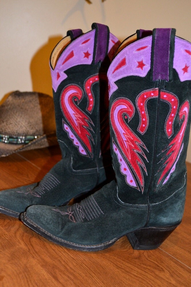 Vintage Tony Lama Women's Western Boots Size 5B Black Suede Purple and Red