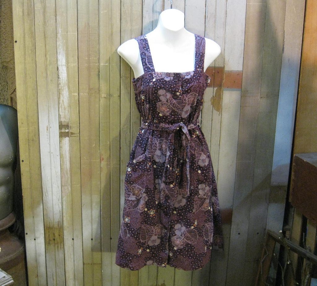 Purple print 1970s dress Vintage Corduroy dots flowers Overalls sundress XS S