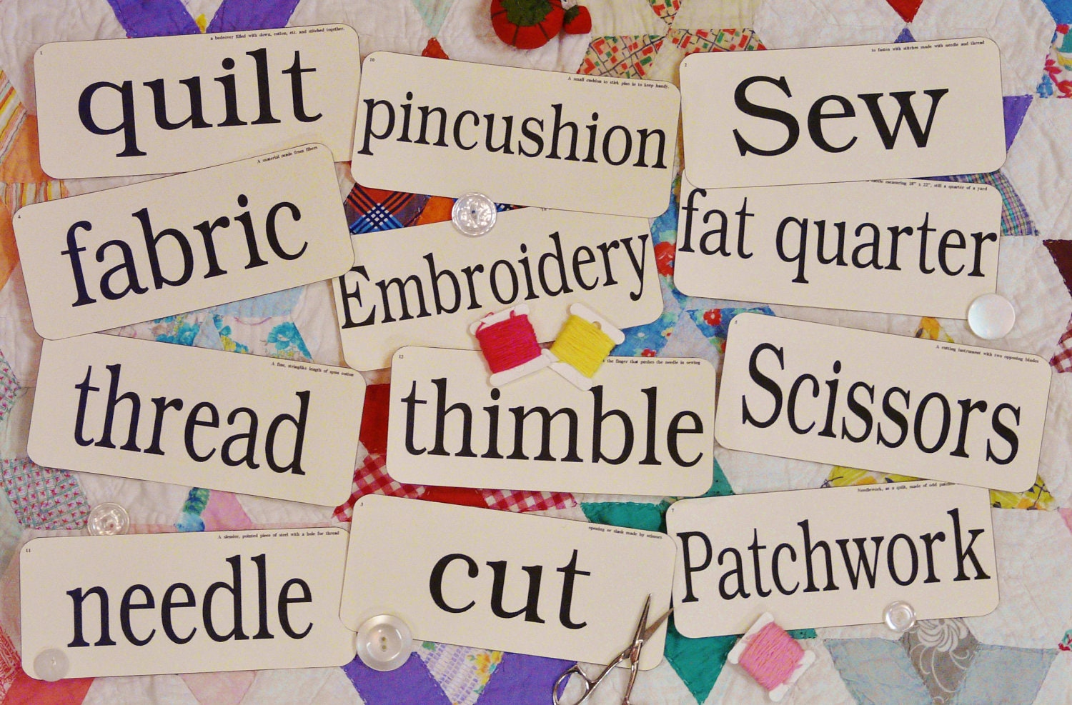 12 Large Sewing Quilt Embroidery Flash Cards - vintage like words scrapbooking digital uprint store decor