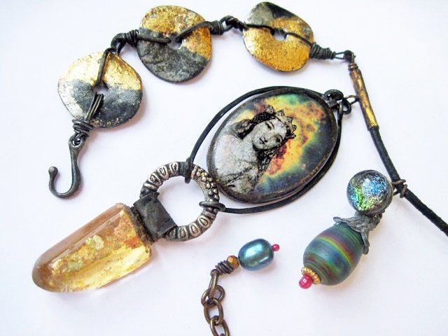 We are the Miracle. Cosmic Victorian Gold Leaf Necklace with Quartz,  Galaxy Nebula.