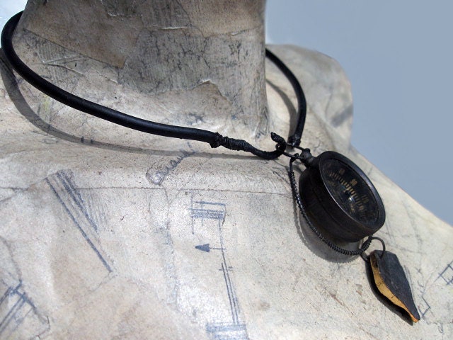 Space-Time. Black Victorian Tribal Steampunk Pendant Choker with Fossil and Compass.