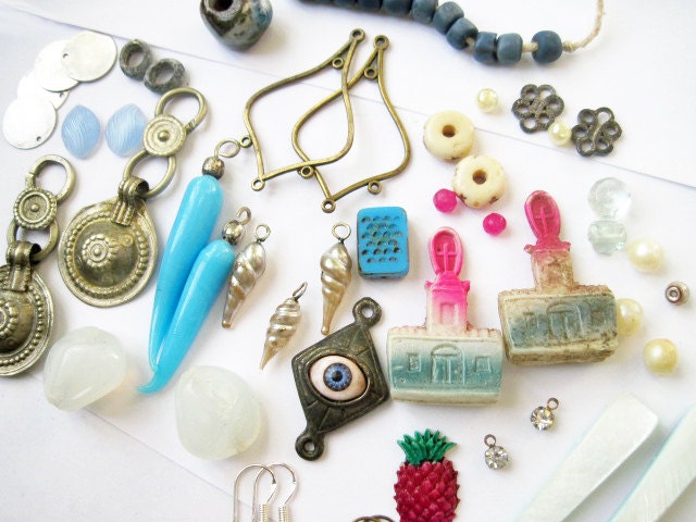 Winter Candy. Earring DIY Kit. Vintage Found object assemblage mixed media set. Cool blues and whites with hot pink touches.
