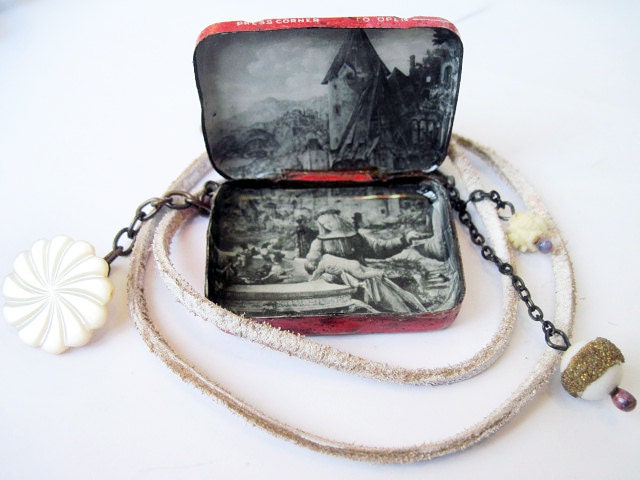 Little Stories. Pillbox tin box locket landscape pendant with rhinestone mop flowers.