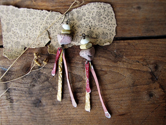 Wild Ones - bohemian rustic earrings - hammered metal - clay beads - modern gypsy