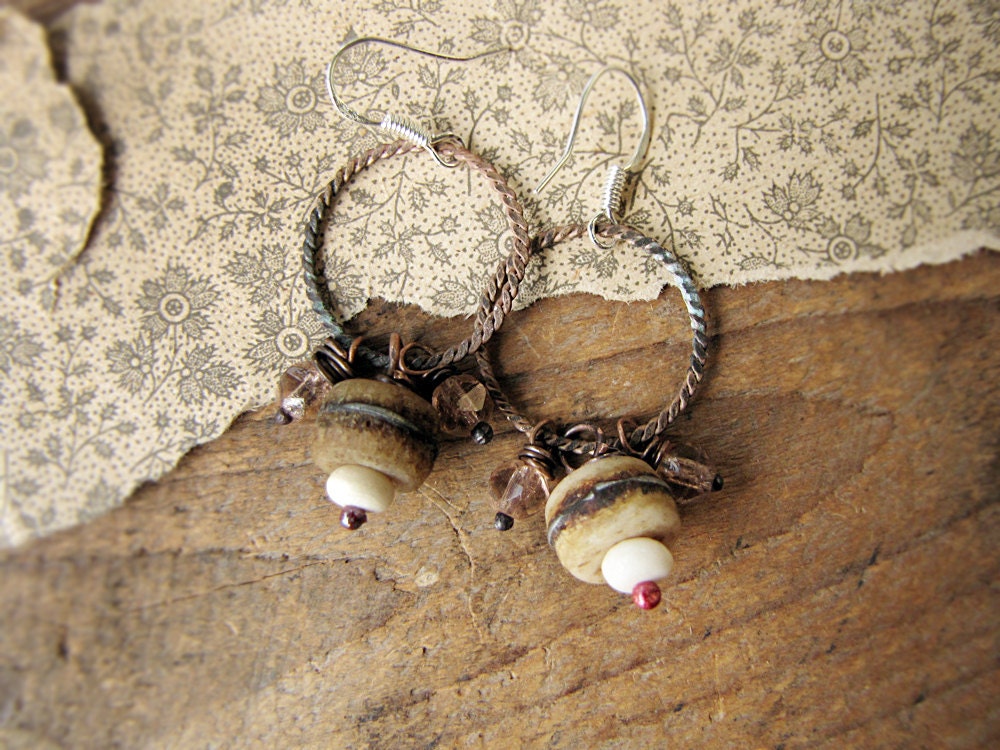 cradle of life - romantic rustic earrings - vintage metal bone and Czech glass - primitive artisan jewelry