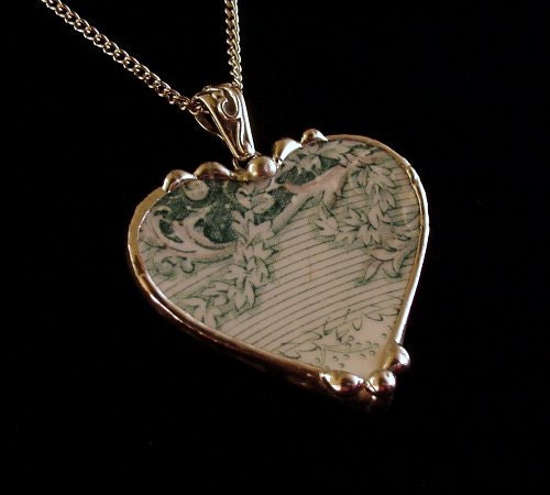 Antique Teal English Transferware Broken China Jewelry Heart Pendant necklace ivy vine